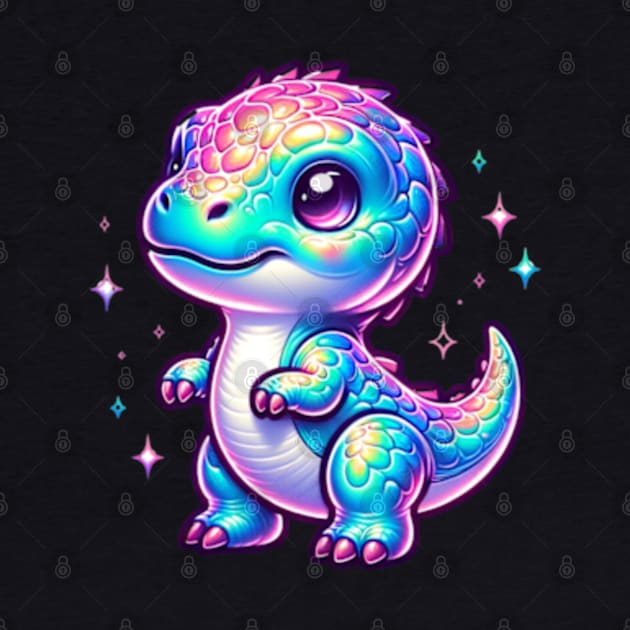 Chibi Baby Dino Neon Holographic Colorful Kawaii by Lavender Celeste